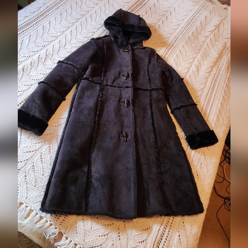 Copper Key Women's Dark Brown Hooded Faux Shearling Trench Coat